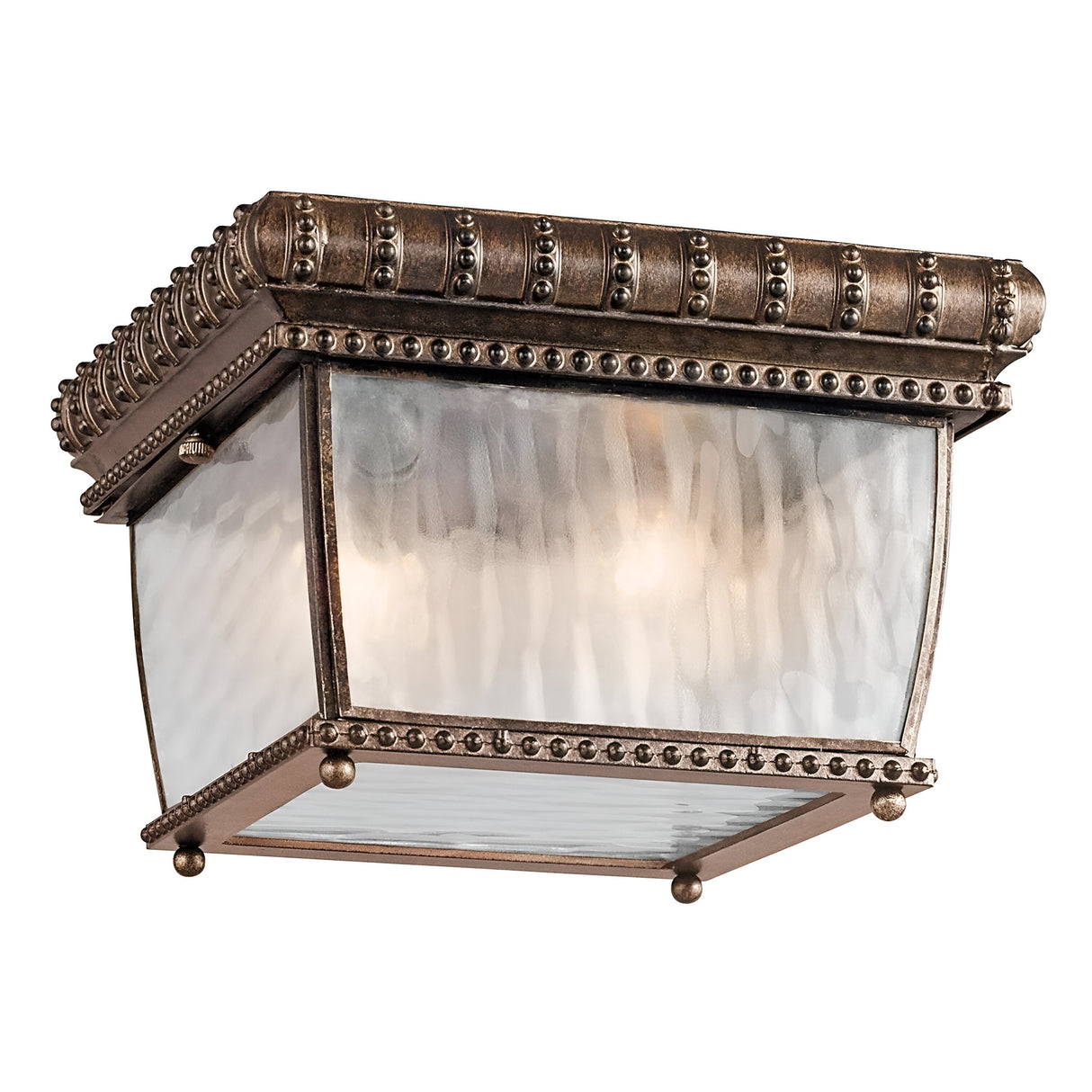 The Venetian Rain Outdoor 2 Light Flush in Brushed Bronze showcases a decorative ceiling light fixture with a square, textured glass shade and an ornate brushed bronze frame inspired by Renaissance design. It features intricate bead detailing and frosted glass that emits a warm glow, enhancing the elegance of any room.