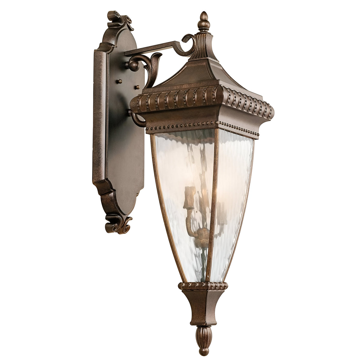 The Venetian Rain Outdoor 3 Light Large Wall Lantern in brushed bronze offers a traditional and elegant design, featuring intricate details and a clear glass panel holding several candle-style bulbs.