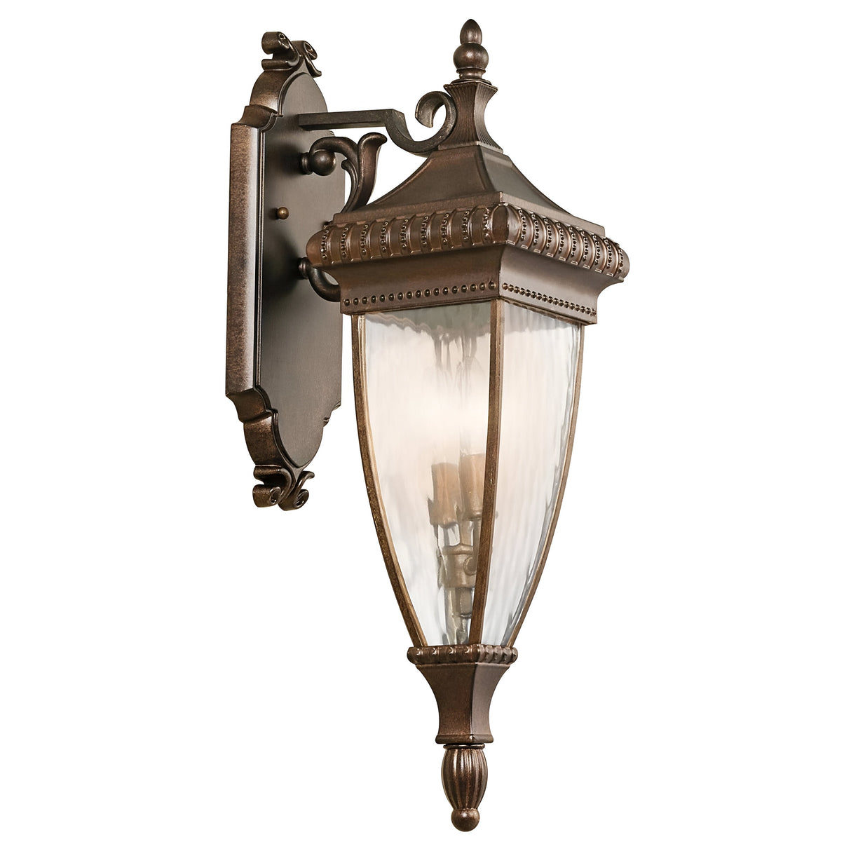 The Venetian Rain Outdoor 2 Light Medium Wall Lantern in brushed bronze exudes vintage charm. It showcases an Italian design with intricate decorative detailing, a tapered glass enclosure for the bulbs, and is elegantly complemented by an ornate mounting plate.