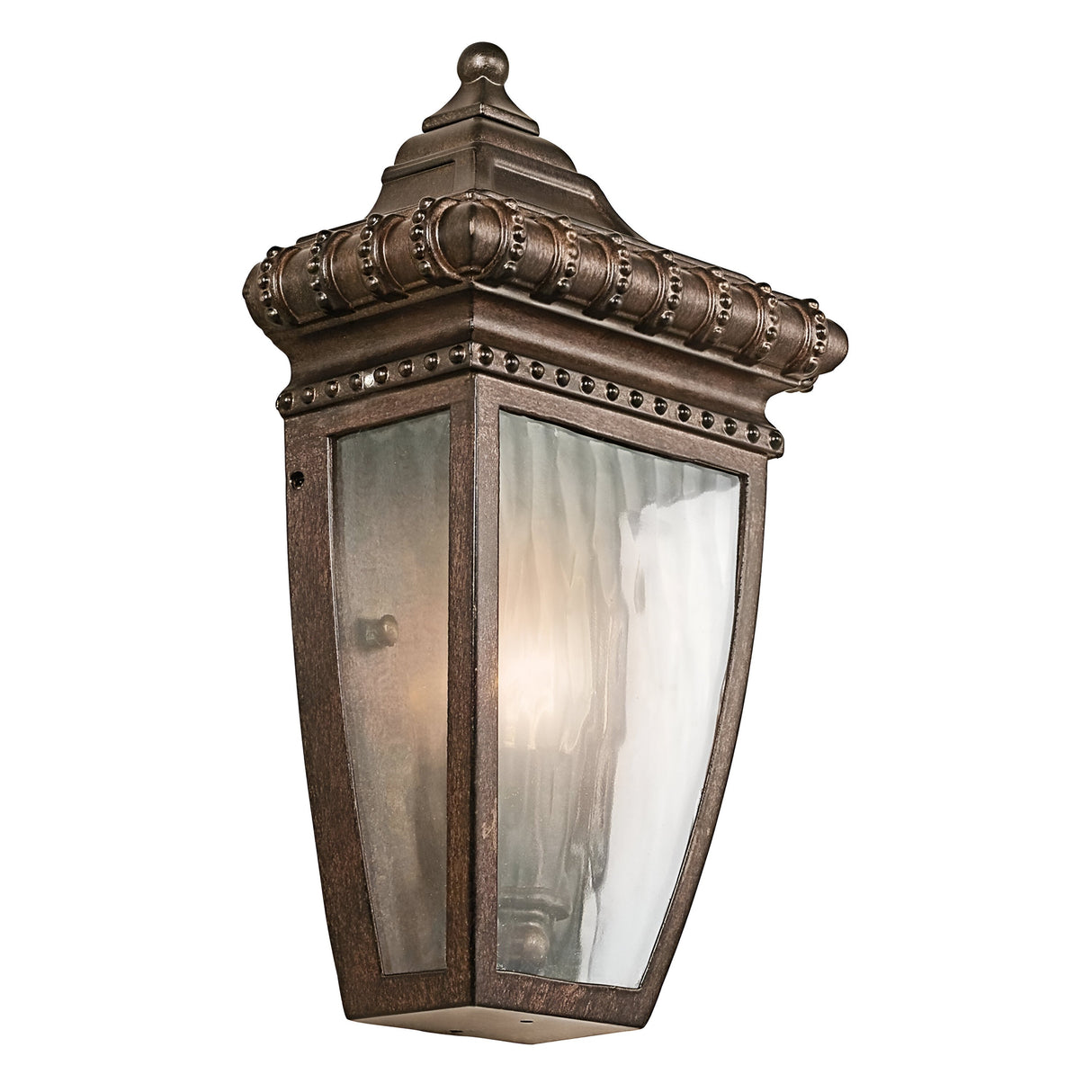 The Venetian Rain Outdoor 1 Light Half Wall Lantern in brushed bronze captures the elegance of a vintage style with its ornate detailing and beveled glass panels, making it a stunning addition to any outdoor space.