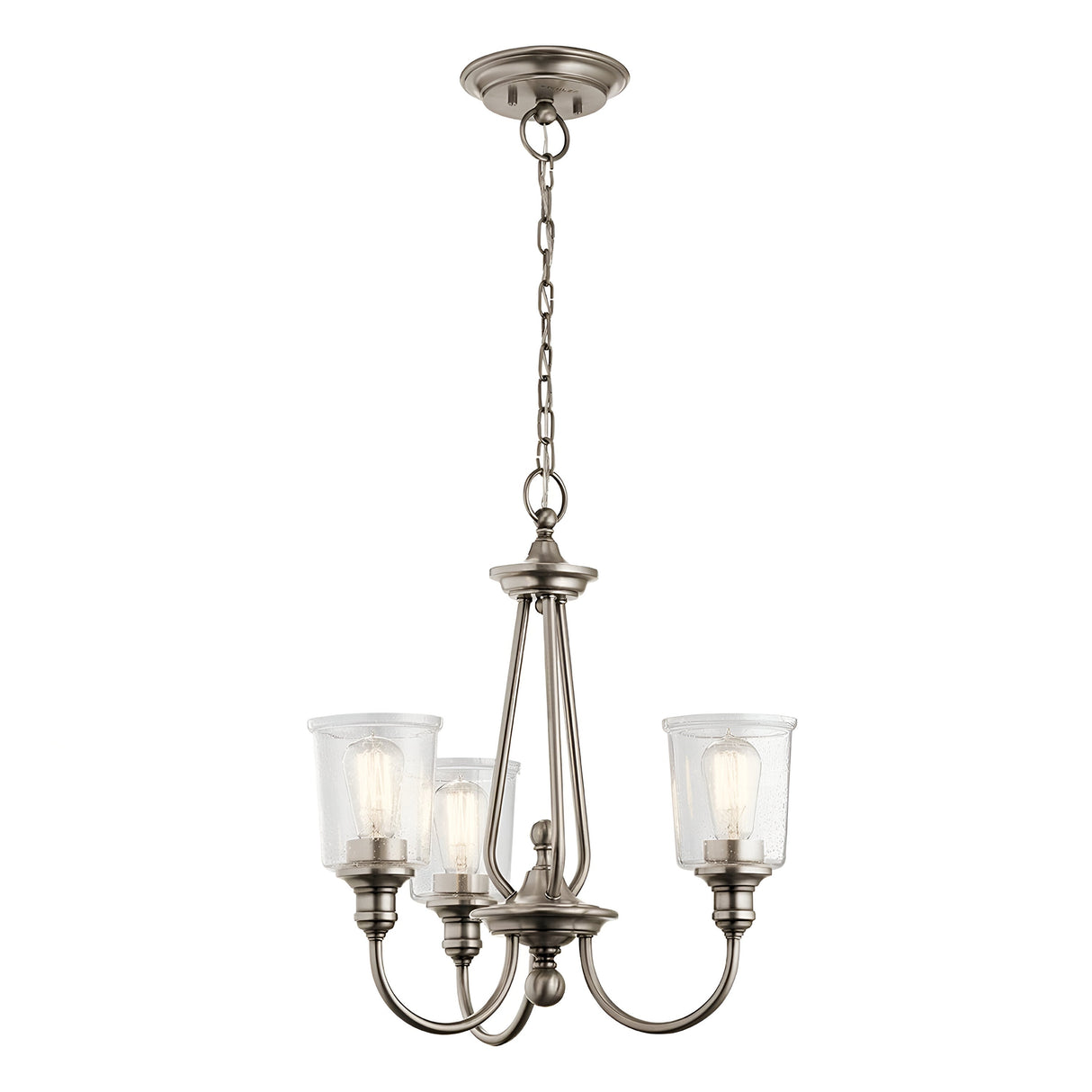 The Waverly 3 Light Chandelier in silver features a classic design with vintage-style LED bulbs and seeded glass shades. It is suspended from a chain, providing a simple yet elegant accent to any room.