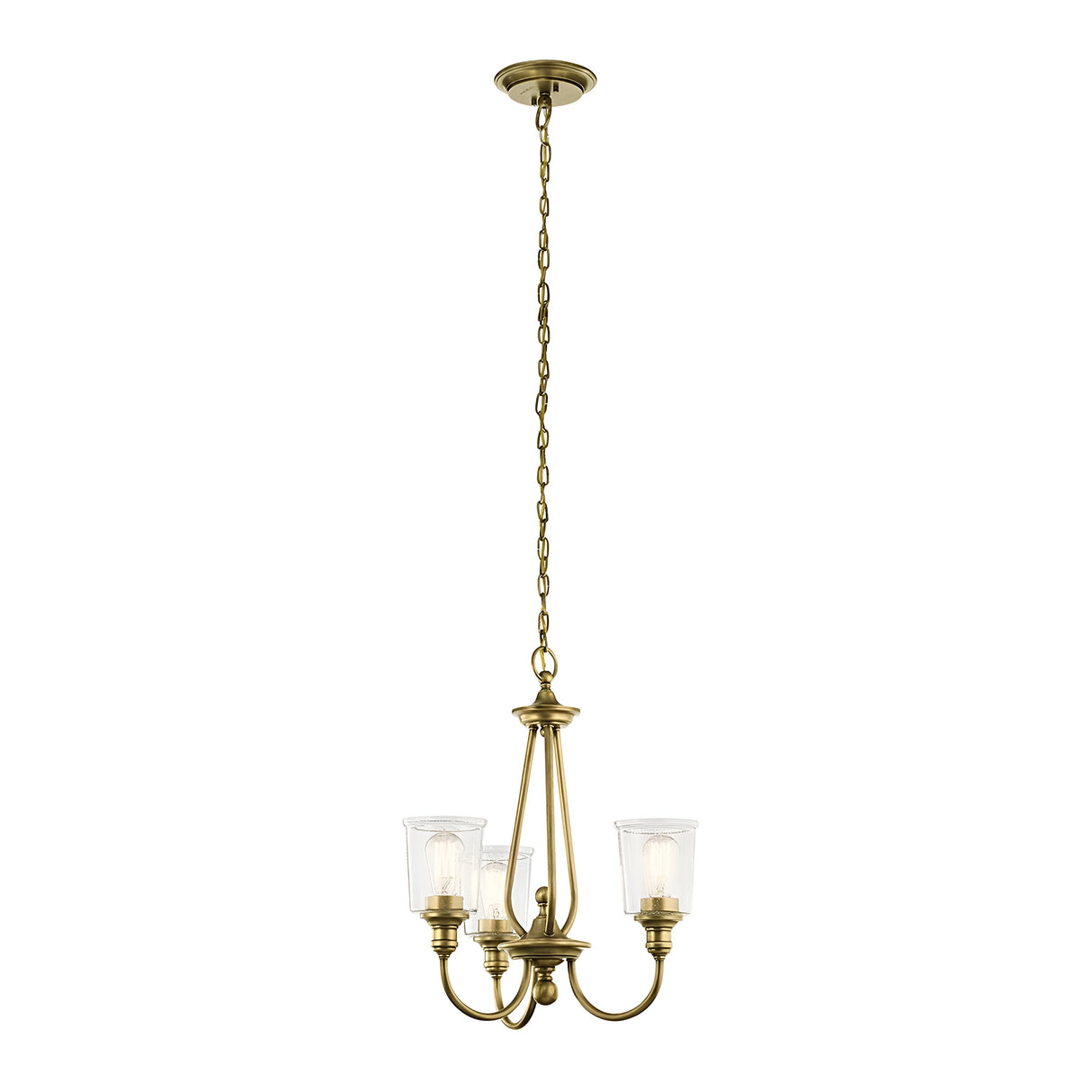 The Waverly 3 Light Chandelier in natural brass features three candle-style lights encased in clear, seeded glass shades and is suspended from a chain. This elegant fixture is ideal for bringing vintage elegance to any classic or retro-inspired decor.