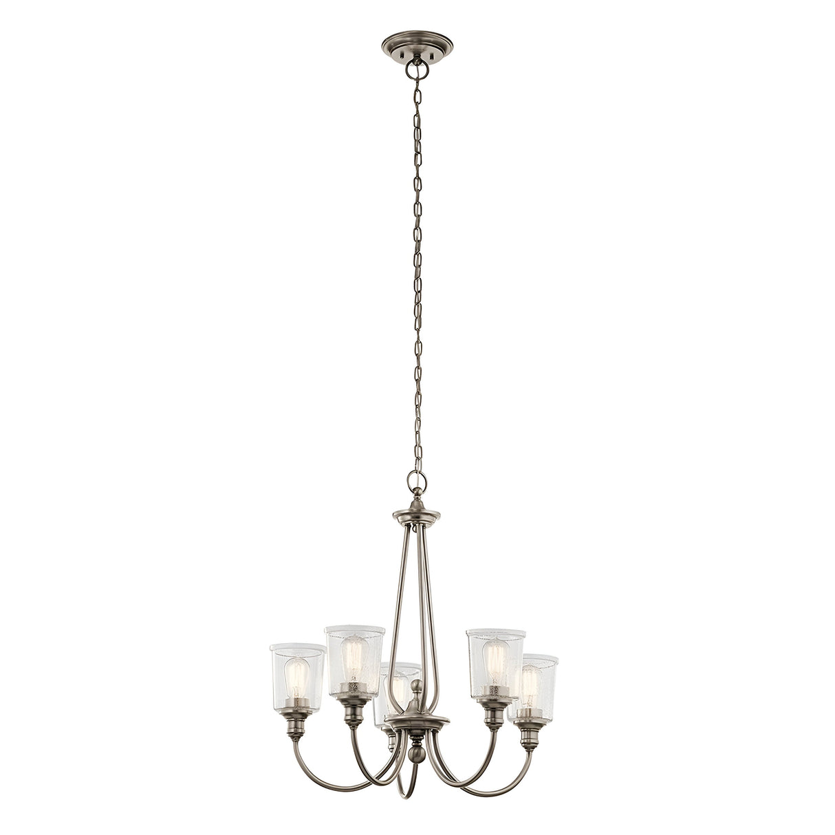 The Waverly 5 Light Chandelier - Silver features a timeless design with five lights gracefully suspended from a long chain. Its silver metal body elegantly supports the seeded glass shades that envelop the bulbs, creating a sophisticated and classic appeal.