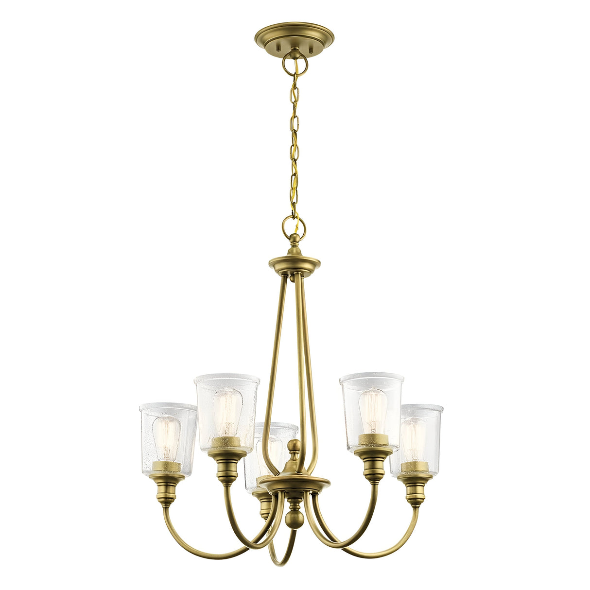 The Waverly 5 Light Chandelier - Natural Brass features a design with five arms, each embellished with seeded glass shades and bulbs. It is suspended from a chain, exemplifying vintage lighting style and classic elegance.