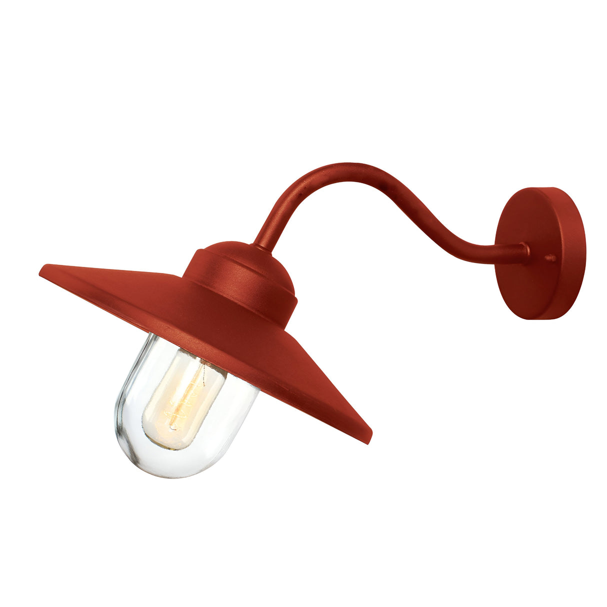 The Klampenborg 1 Light Outdoor Wall Light boasts a curved arm and conical shade with a rich Oxide Red finish. The bulb is encased in clear glass, combining sleek design with modern Scandinavian style.