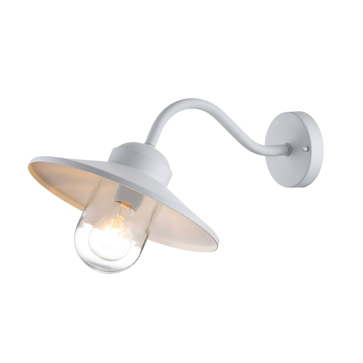 The Klampenborg 1 Light Outdoor Wall Light in white features a curved arm and a conical shade, showcasing a clear, exposed bulb. Its minimalist and modern design integrates effortlessly with a plain white backdrop, making it an ideal choice for both indoor elegance and outdoor charm.