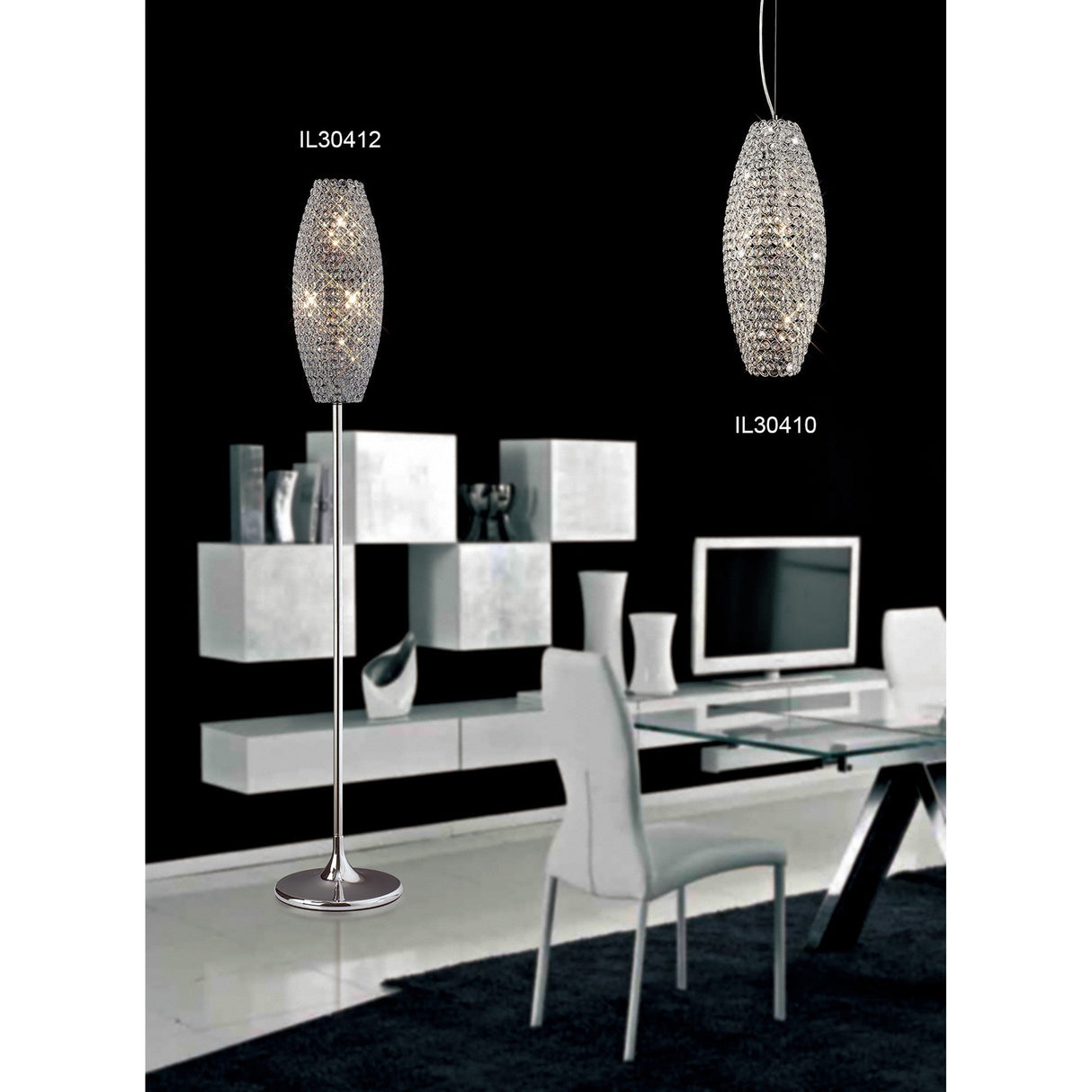 Modern black and white office with a sleek desk, white chair, floating shelves, and two crystal lights: the Kos 4 Light Crystal Floor Lamp in Polished Chrome (IL30412) and a hanging pendant lamp (IL30410).