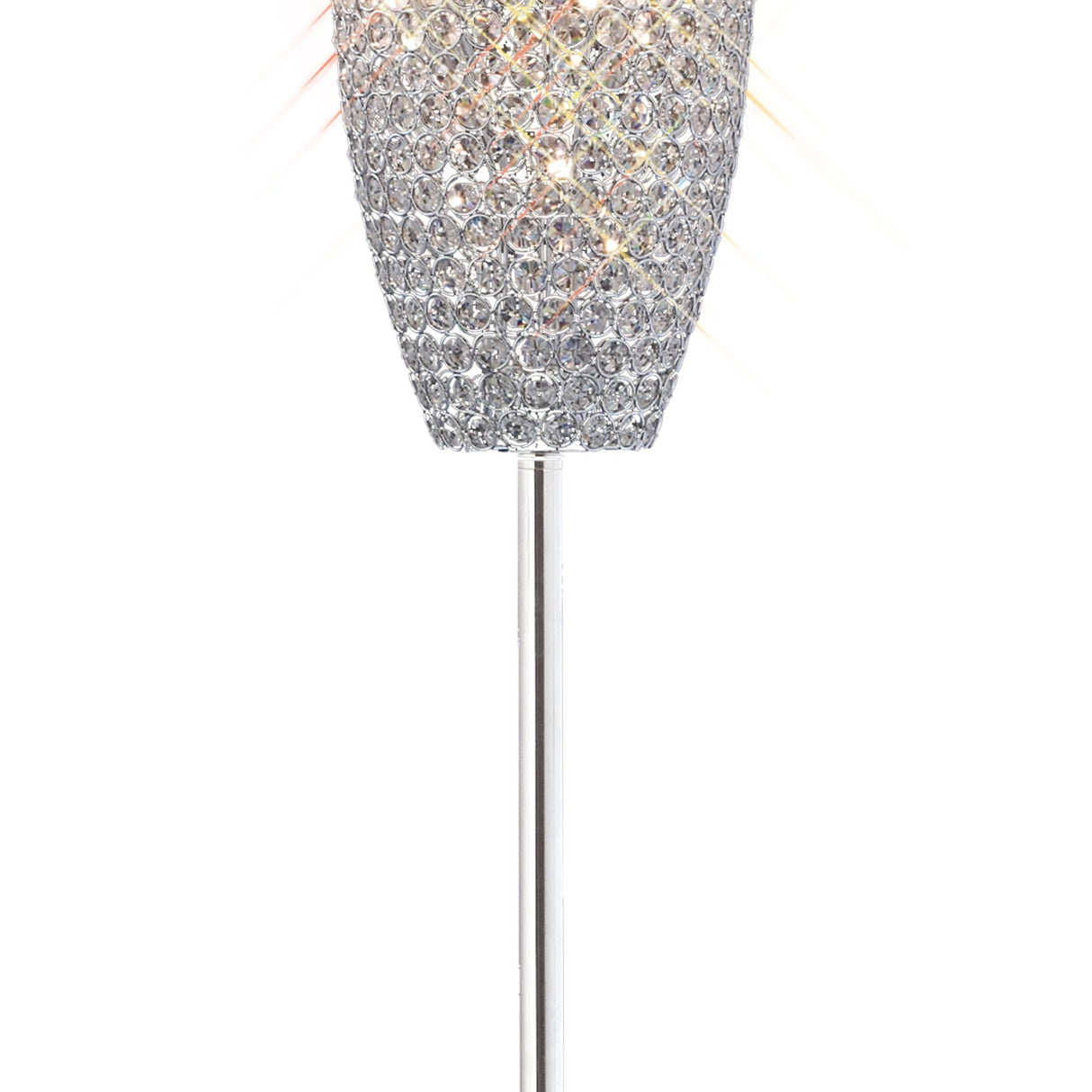 The Kos 4 Light Crystal Floor Lamp features a polished chrome base and a shade decorated with faceted crystals, adding a shimmering effect to any contemporary space.
