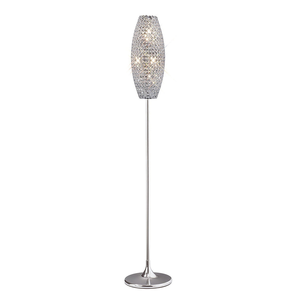 The Kos 4 Light Crystal Floor Lamp features a polished chrome base and a cylindrical shade adorned with crystal-like accents, providing soft, elegant illumination.
