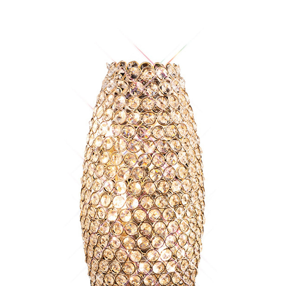 The Kos 3 Light Crystal Table Lamp in French Gold has a tall, cylindrical design with round, faceted crystals set in a gold frame, sparkling beautifully—ideal for decorative lighting.