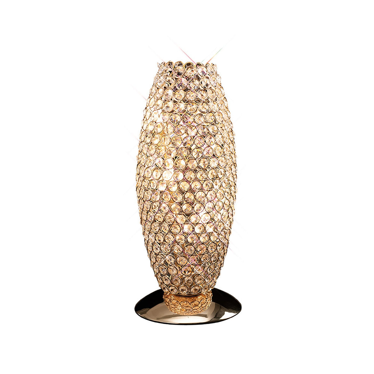 The Kos 3 Light Crystal Table Lamp in French Gold features an oval crystal body with sparkling round accents and emits a warm golden glow—ideal for adding elegant decorative lighting to any space.