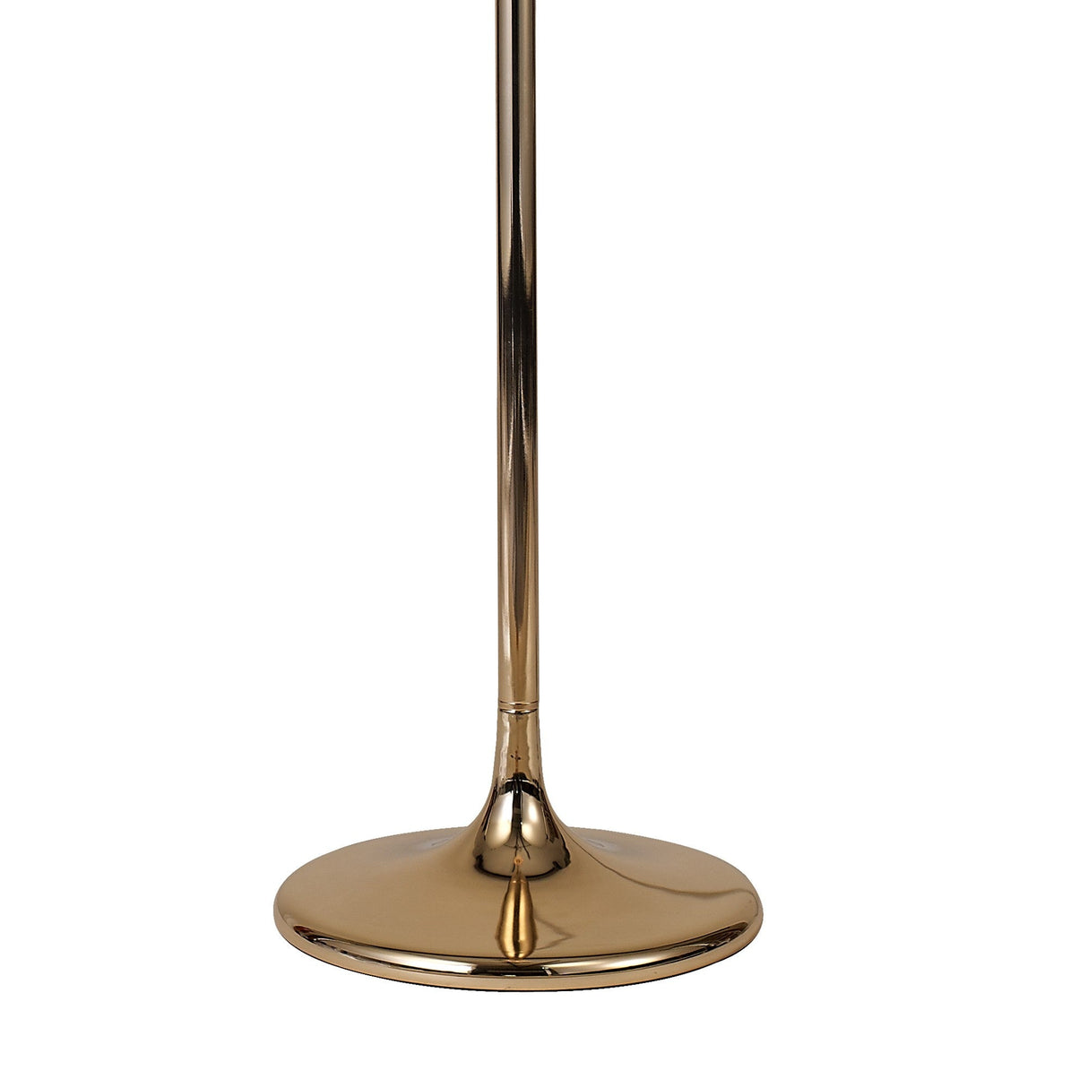 The Kos 4 Light Crystal Floor Lamp in French Gold features a shiny, gold-colored round metal base and a slender pole, as shown in the photograph on a white background.