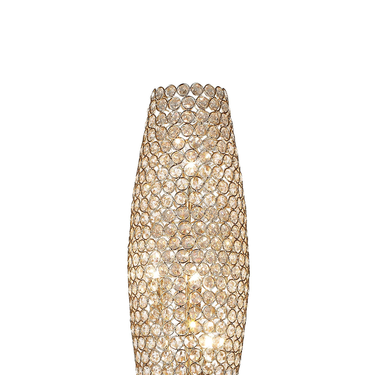 The Kos 4 Light Crystal Floor Lamp in French Gold features a modern, cylindrical design adorned with circular crystals, creating a warm and sparkling glow for contemporary spaces.