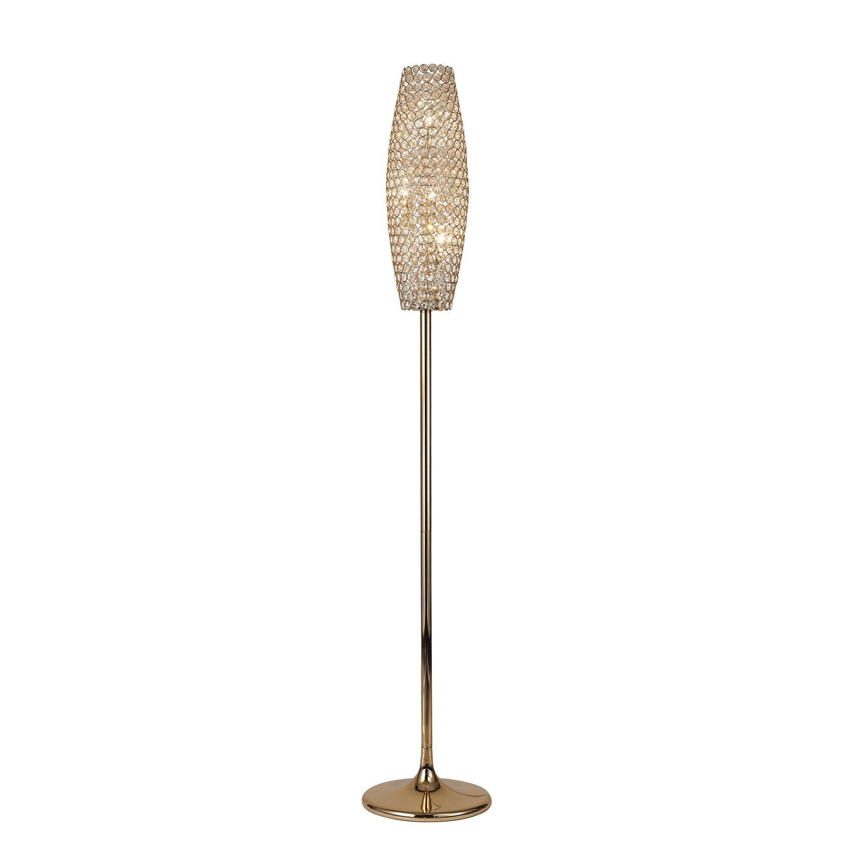The Kos 4 Light Crystal Floor Lamp in French Gold features an elegant crystal design and a textured, diamond-patterned oval shade, providing diffused contemporary lighting for any space.