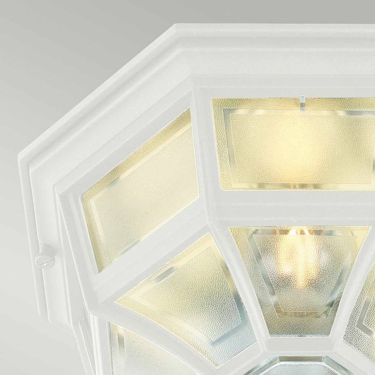 Detailed view of the Latina Outdoor 1 Light Ceiling Light in white, featuring a robust cast aluminum frame and frosted polycarbonate lens. The internal light source emits a warm glow, accentuating its octagonal geometric design.