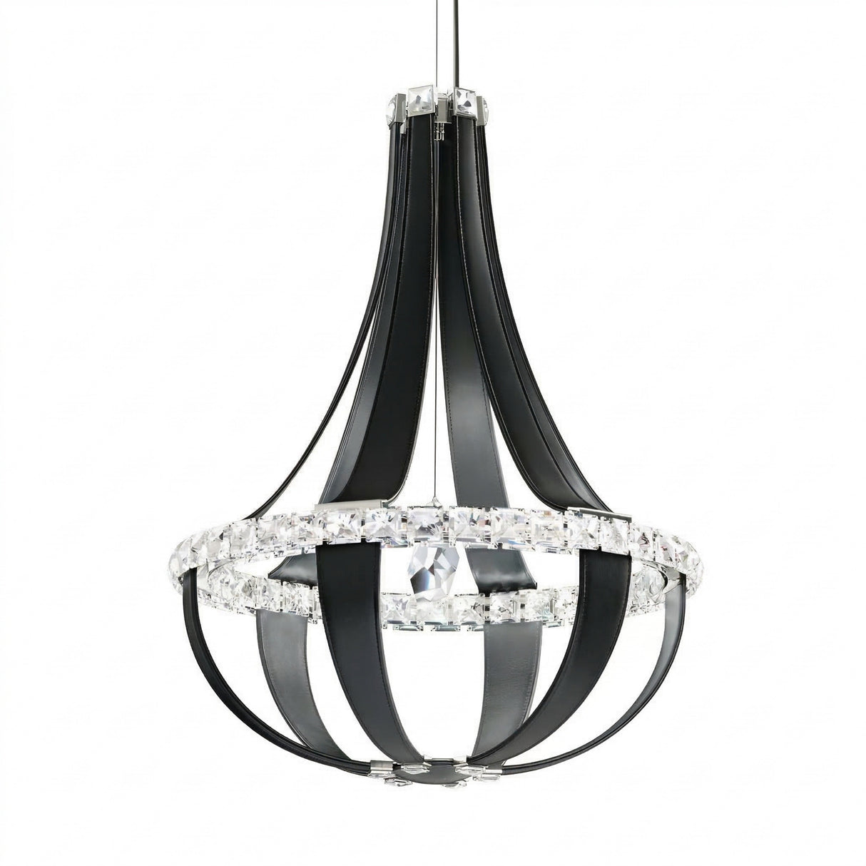 The Tessaro LED K9 Crystal & Leather Large Chandelier in black features curved metal arms, two circular bands with clear crystals, and a central rod—creating a stunning statement piece for any space.