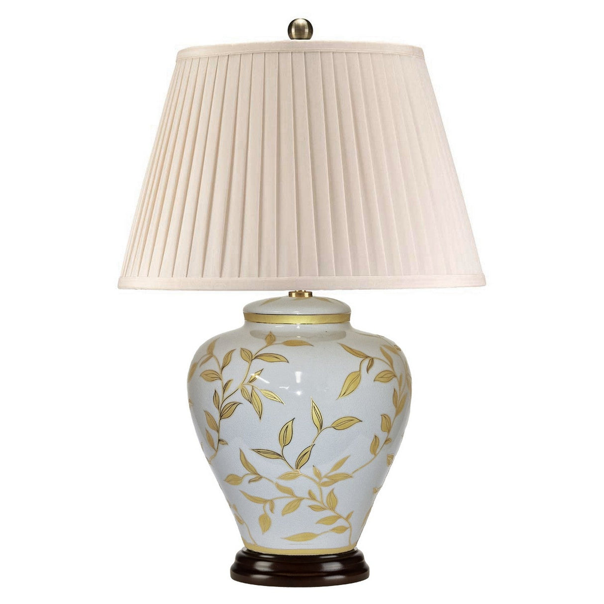 The Leaves Brown Gold 1 Light Table Lamp is a chic ceramic table lamp designed with an elegant touch, including a beige fluted fabric lampshade. The hand-painted base displays a white background adorned with a gold leaf pattern, evoking the artistry of Chinese porcelain, and is set on a dark wooden stand.