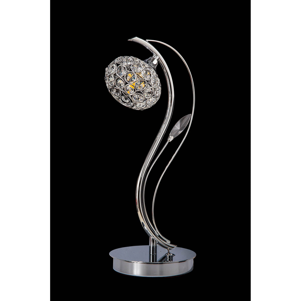 The Leimo 1 Light Crystal Table Lamp in polished chrome features a curved stem and a spherical, crystal-embellished shade, displayed against a black background.