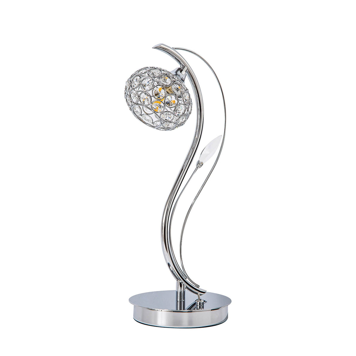 Leimo 1 Light Crystal Table Lamp features a polished chrome finish, a curved decorative stem, a spherical crystal-accented shade, and stands on a round base.