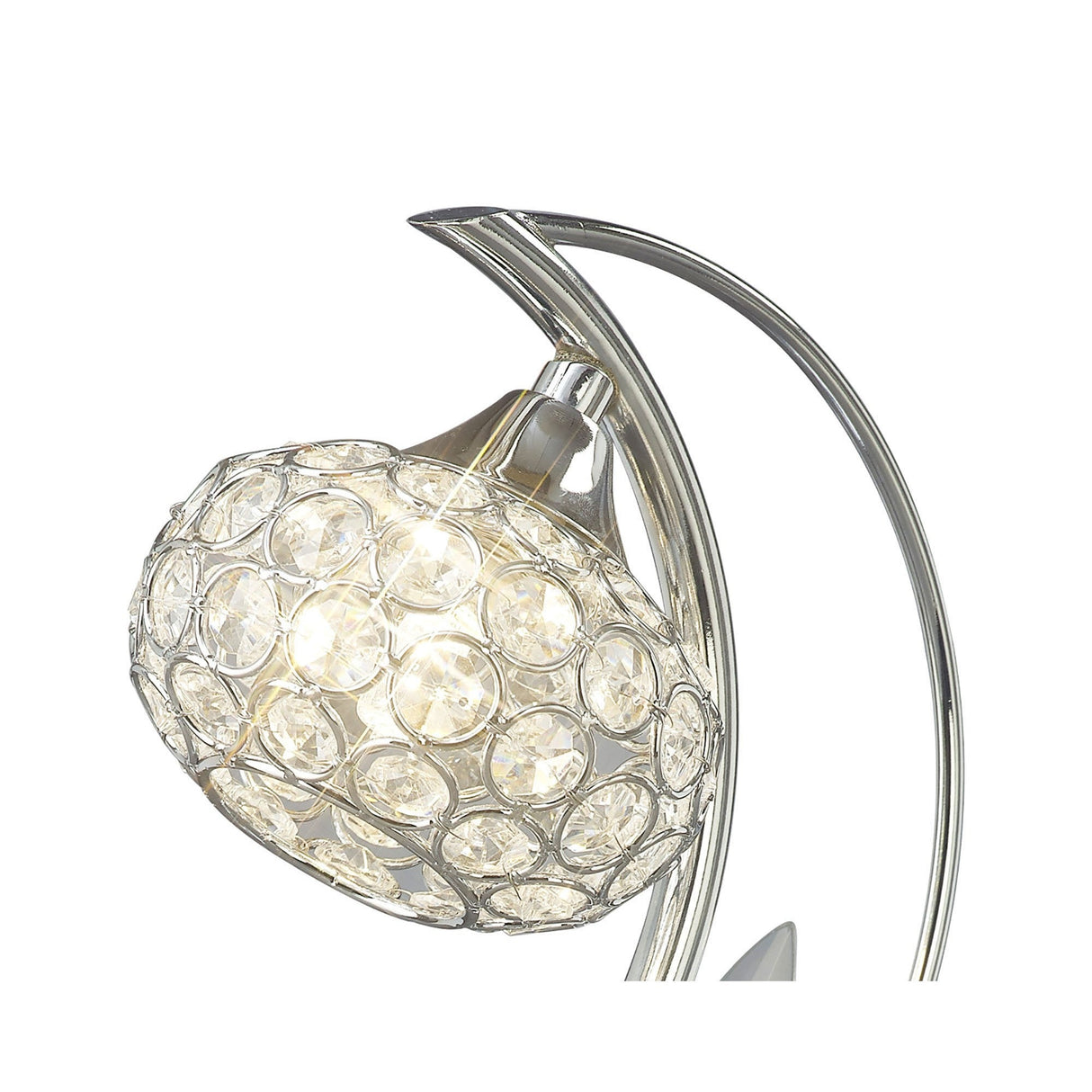 The Leimo 1 Light Crystal Table Lamp features a polished chrome curved stand and a round shade embellished with clear crystal accents, providing a contemporary, radiant glow.