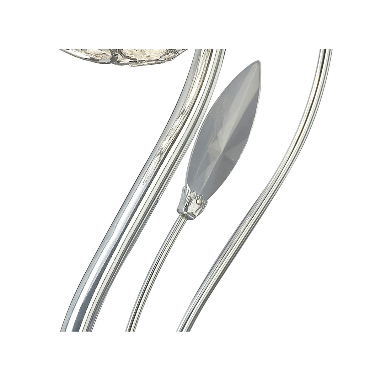 Close-up of the Leimo 1 Light Crystal Table Lamp in polished chrome, featuring a clear, faceted leaf-shaped crystal accent on the stem, set against a white background.