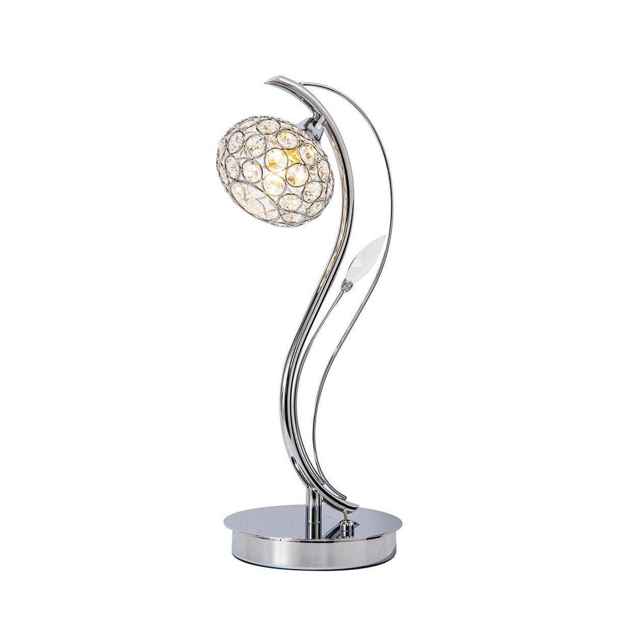The Leimo 1 Light Crystal Table Lamp in polished chrome boasts a curved stem and a crystal-adorned spherical shade, creating a warm, inviting glow with its modern design.