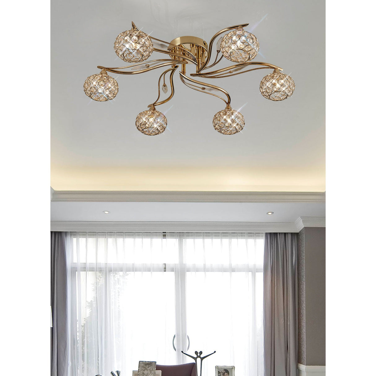 Leimo 6 Light Crystal Semi-Flush Ceiling Light - French Gold