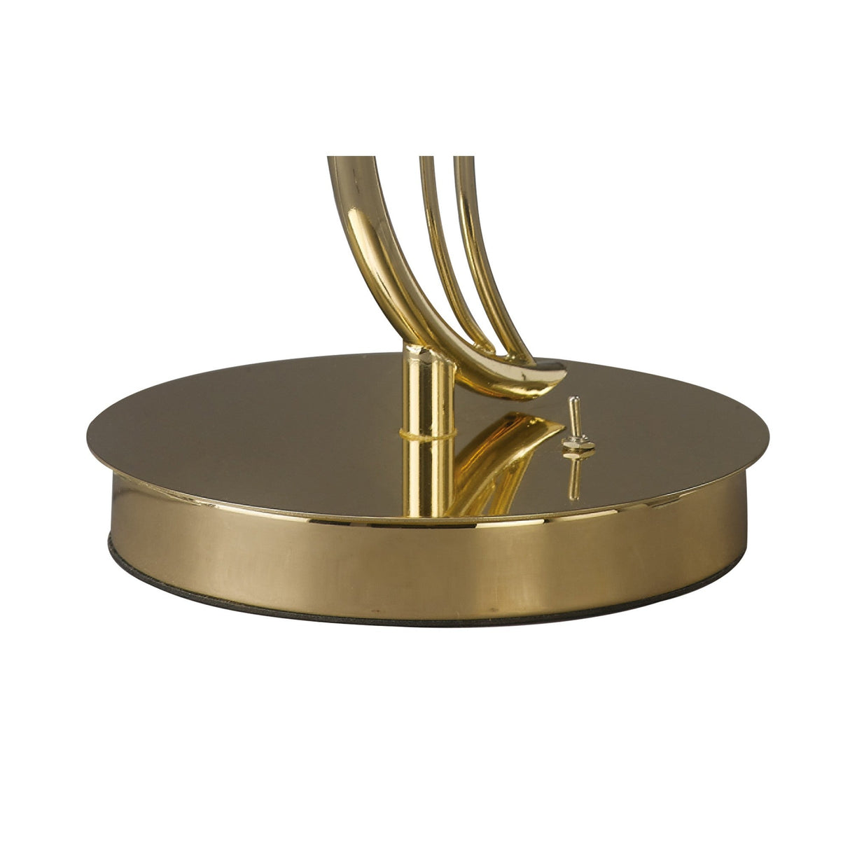 Close-up of the Leimo 1 Light Crystal Table Lamp in French Gold, showcasing its shiny round base with a reflective finish and vertical support rods.