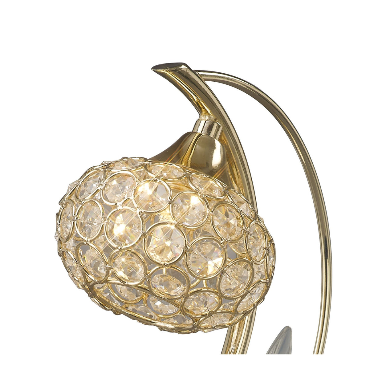 The Leimo 1 Light Crystal Table Lamp in French Gold features a rounded, crystal-adorned shade and a curved metallic arm, emitting warm light for an elegant, sophisticated touch to any space.