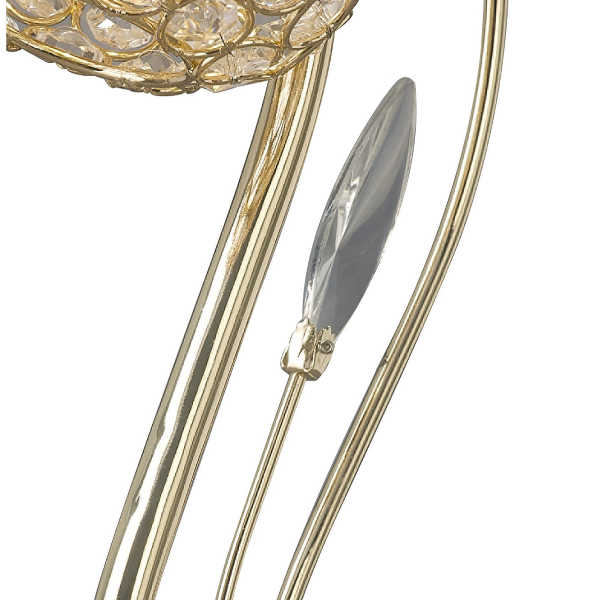 Close-up of the Leimo 1 Light Crystal Table Lamp in French Gold, featuring a mesh frame with clear crystals, beside a slender gold rod displaying a gray leaf-shaped ornament.