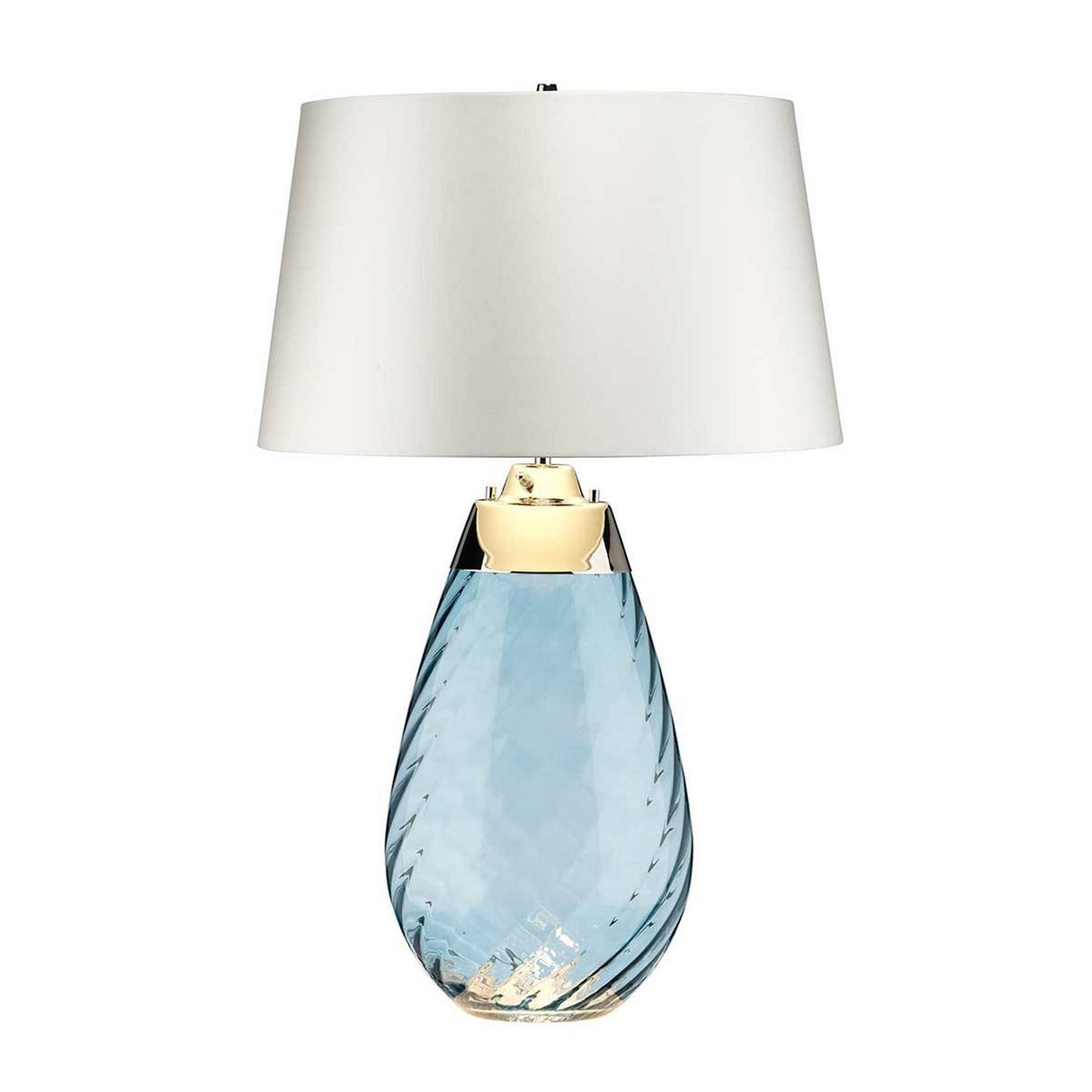 The Lena 2 Light Large Blue Table Lamp features a mouth-blown glass base in blue with a distinctive textured spiral pattern, beautifully paired with an off-white lampshade. A gleaming metallic accent near the bulb holder enhances its sophisticated design.