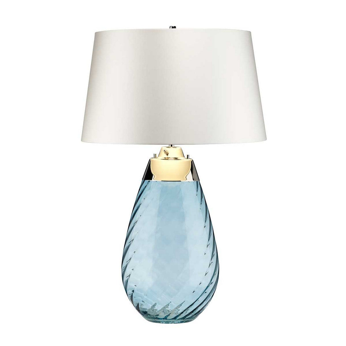 The Lena 2 Light Large Blue Table Lamp showcases an off-white shade and a chic blue glass base with a textured swirl pattern, highlighted by a gold band near the top. This modern design exudes elegance while offering dual-light functionality for customizable lighting.