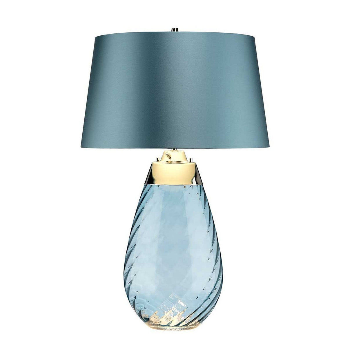 Introducing the Lena 2 Light Large Blue Table Lamp, featuring a sleek, modern design with a textured translucent blue glass base. It is topped with a wide duck egg blue fabric lampshade and handcrafted in the UK. A golden accent adorns the top of the base, while a convenient 3-way switch ensures both style and functionality.