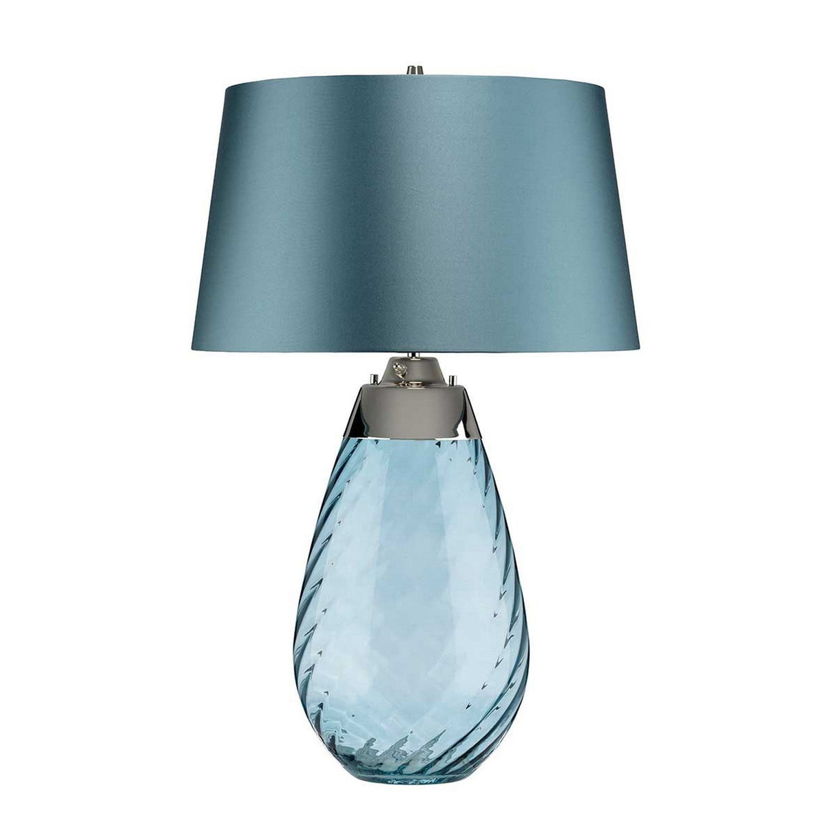 The Lena 2 Light Large Blue Table Lamp showcases a textured, transparent blue glass base complemented by a sleek, cylindrical duck egg blue lampshade. Ideal for modern interior lighting, it includes an artfully placed metallic accent near the top of the base.