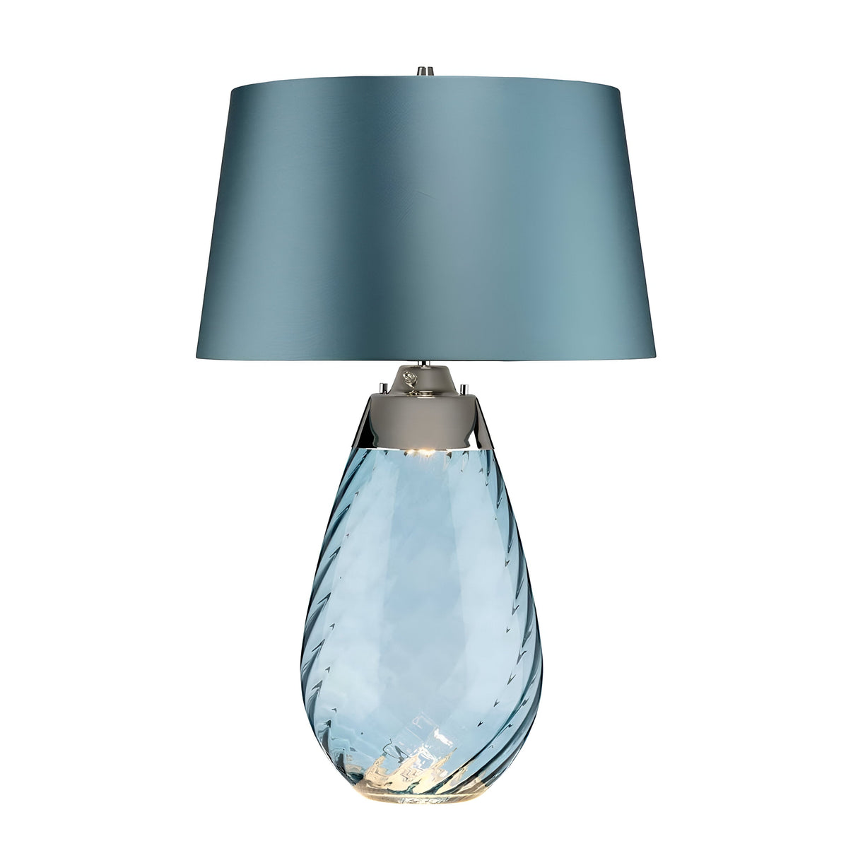 Presenting the Lena 2 Light Large Blue Table Lamp, which comes with a duck egg blue shade. It features a spiraled, handcrafted UK base in light blue with a textured, twisted design that complements the solid color of the shade. The lamp is equipped with a convenient 3-way switch for adjustable lighting options.