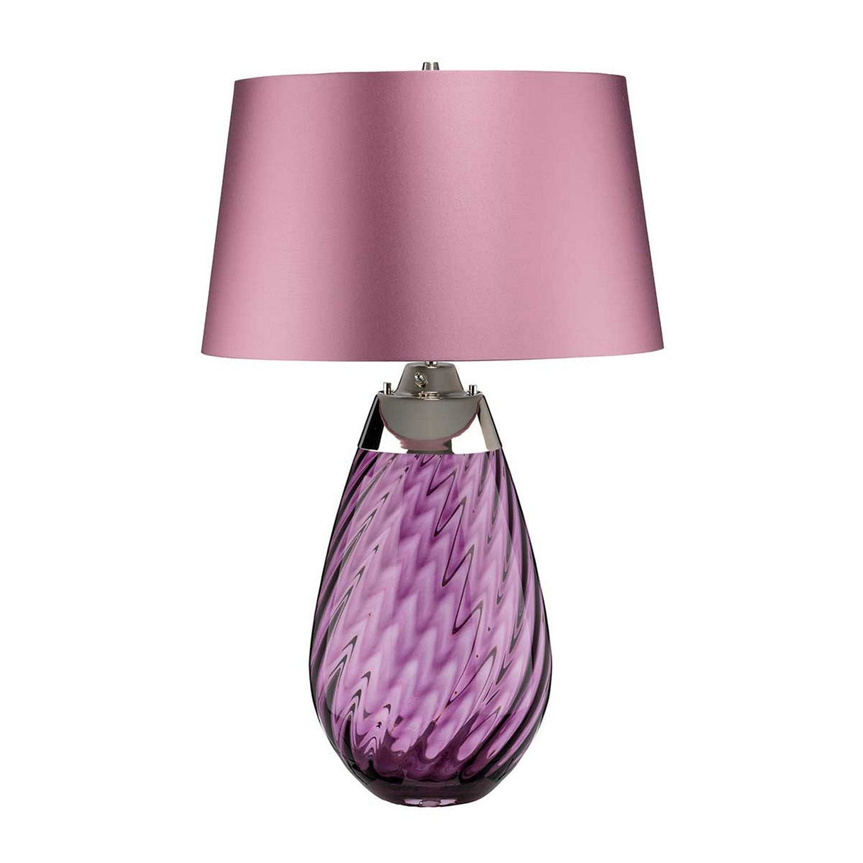 The Lena 2 Light Large Plum Table Lamp boasts a Heather shade and a spiraled base made from plum mouth-blown glass. Its textured, wave-like pattern enhances its elegance, making it a sophisticated addition to any room.