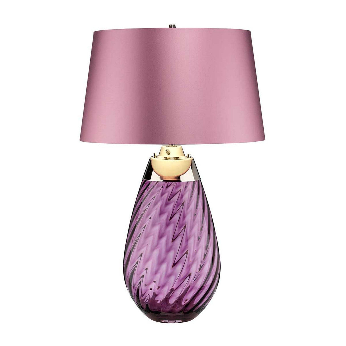 The Lena 2 Light Large Plum Table Lamp with a Heather Shade showcases a modern aesthetic, featuring a plum mouth-blown glass base and a pink lampshade complemented by an elegant golden accent near the top for stylish dual lighting.