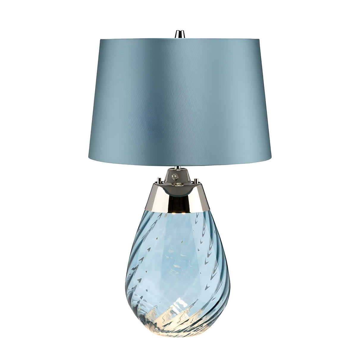 The Lena 2 Light Small Blue Table Lamp features a light blue glass base with a spiral design and is topped with a duck egg blue shade. It includes elegant silver accents between the base and shade.
