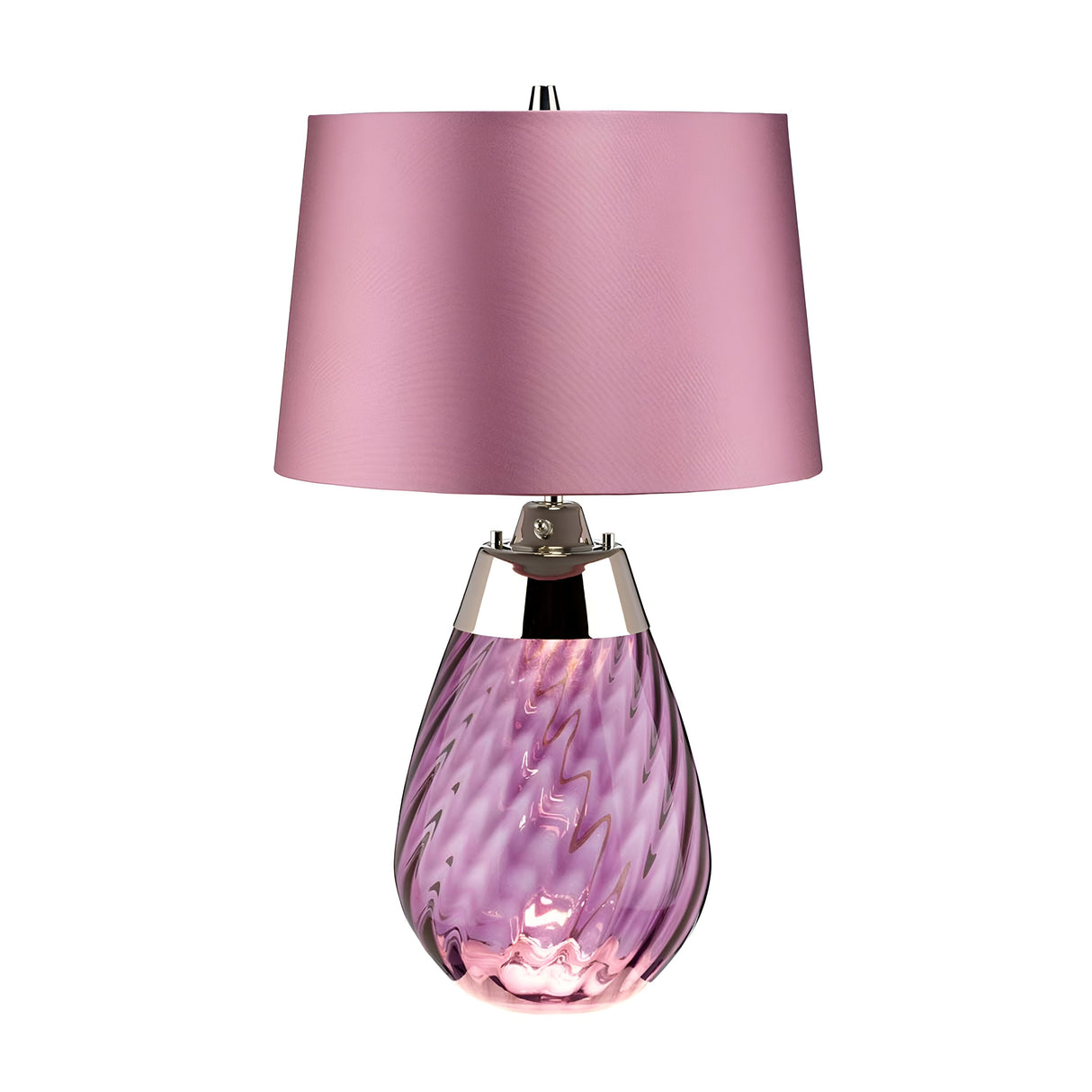 The Lena 2 Light Small Plum Table Lamp - Heather Shade features a decorative plum glass base with a swirling textured pattern in shades of pink and purple, accented with metallic details, and is completed with a heather satin shade.