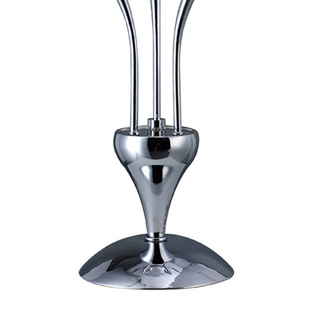 The Llamas 3 Light Table Lamp in polished chrome features a rounded base with three vertical rods, bringing sculptural style and brilliant lighting to any space.