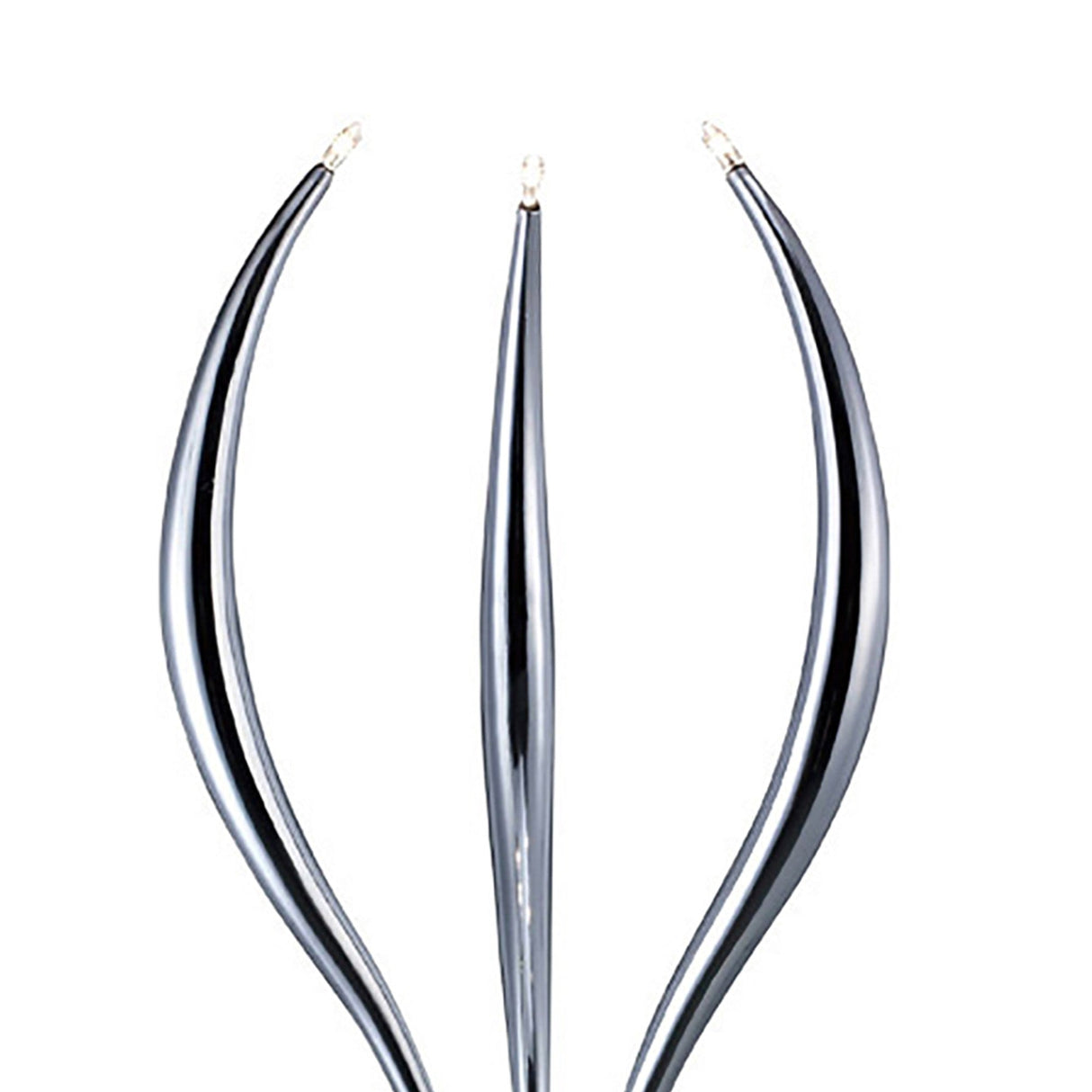 The Llamas 3 Light Table Lamp features sleek, curved silver prongs with pointed tips in polished chrome, standing upright against a white background.