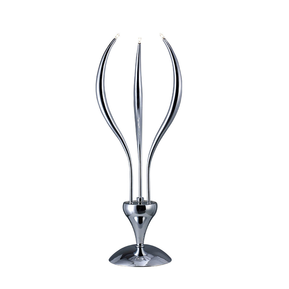 The Llamas 3 Light Table Lamp - Polished Chrome features three sleek, curved prongs rising from a rounded base, creating a modern sculptural look ideal for contemporary spaces.