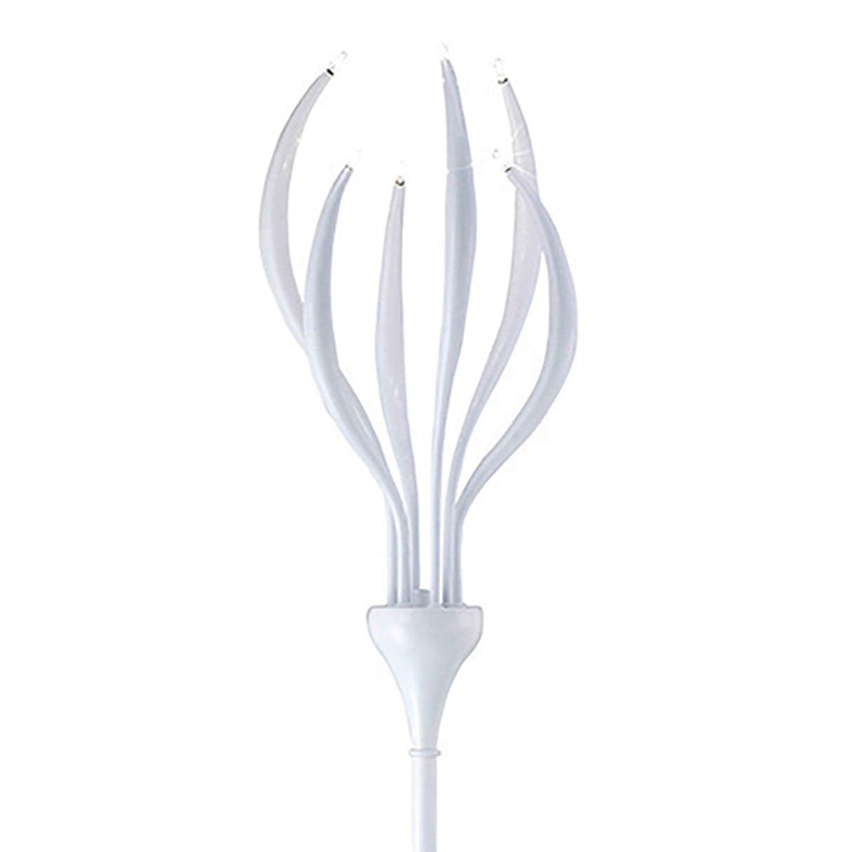 The Llamas 6 Light Floor Lamp in gloss white features multiple flexible, curved arms extending outward from the base, resembling an open flower or a sculptural lighting accent piece.