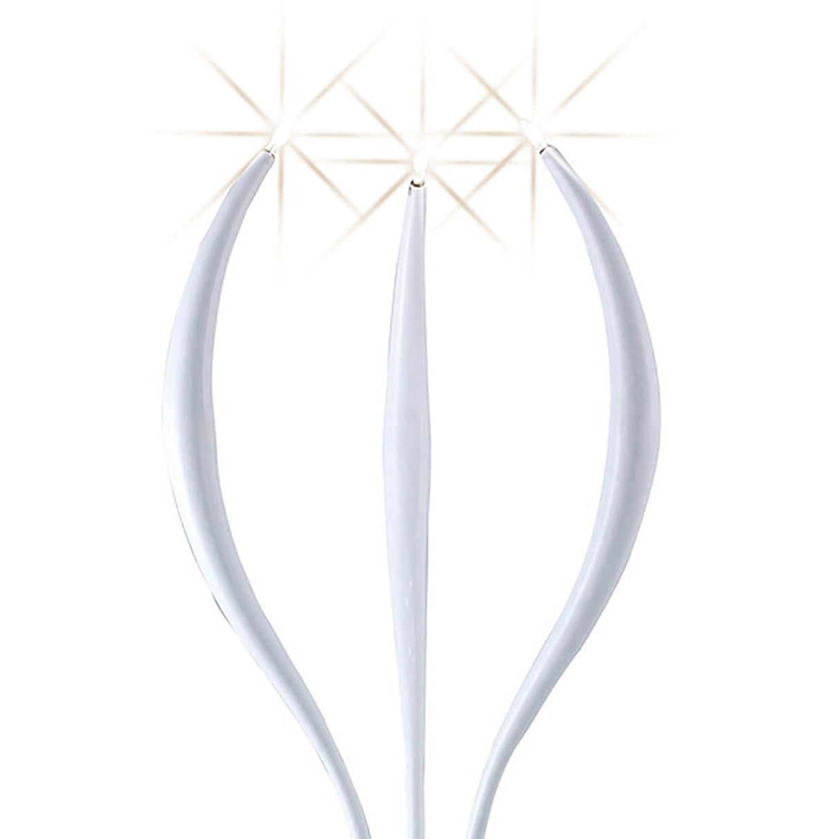 The Llamas 3 Light Table Lamp features a sculptural design with three sleek metallic prongs, each tipped with a sparkling starburst, all set against a gloss white finish.