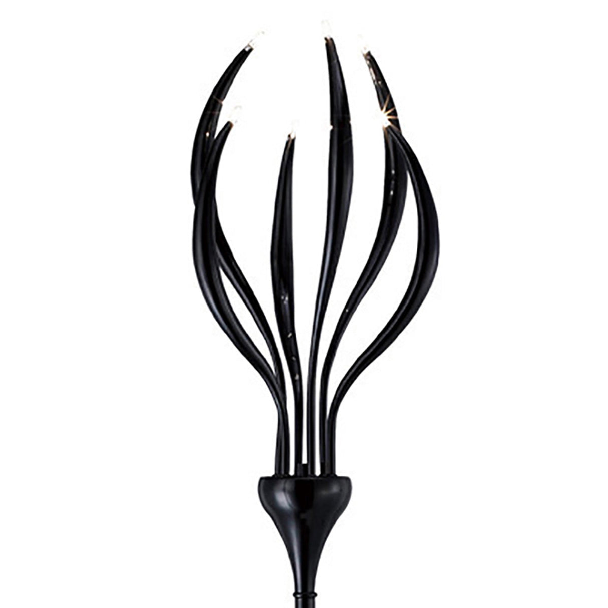 The Llamas 6 Light Floor Lamp - Black features six curved, elongated arms with small lights at each end, offering a sleek, minimalist look and ambient lighting—ideal as a modern statement piece in any space.