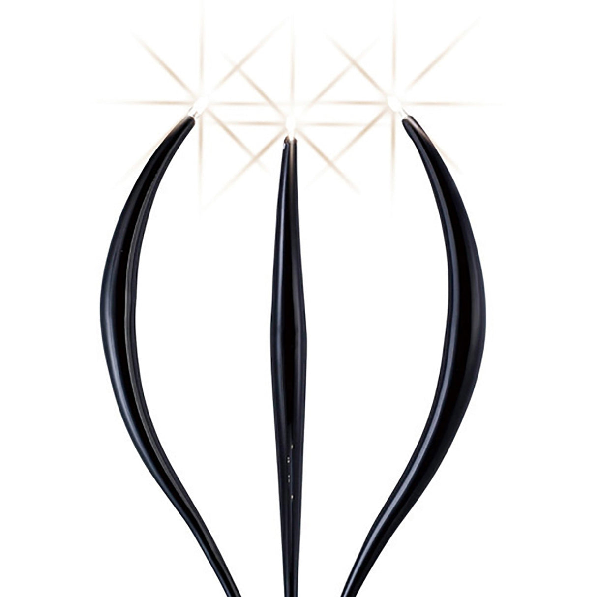 The Llamas 3 Light Table Lamp - Black features three upward, curved arms with glowing tips, set against a white background. Its sleek, minimalistic design creates a striking and contemporary sculptural statement for any space.