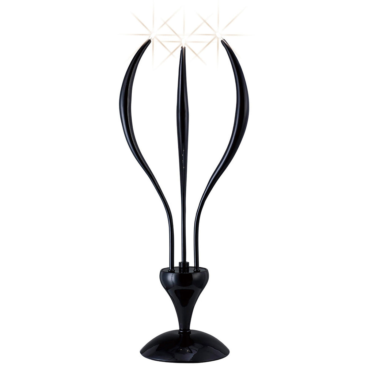 The Llamas 3 Light Table Lamp - Black features three sleek, curved prongs converging at the top with geometric star accents. Set on a round base, this contemporary piece combines elegance and sculptural design for a striking statement.