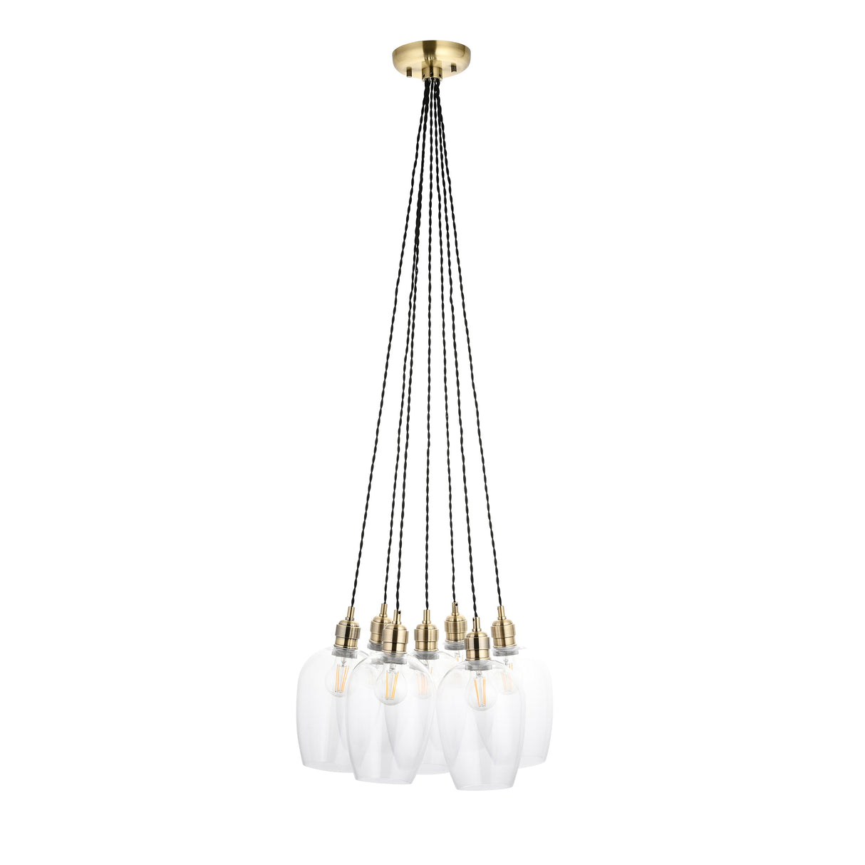 Quilbrook Cluster 7 Light Pendant by Lighting No.1 in antique brass with clear glass globes suspended on black twisted cords against a white background.