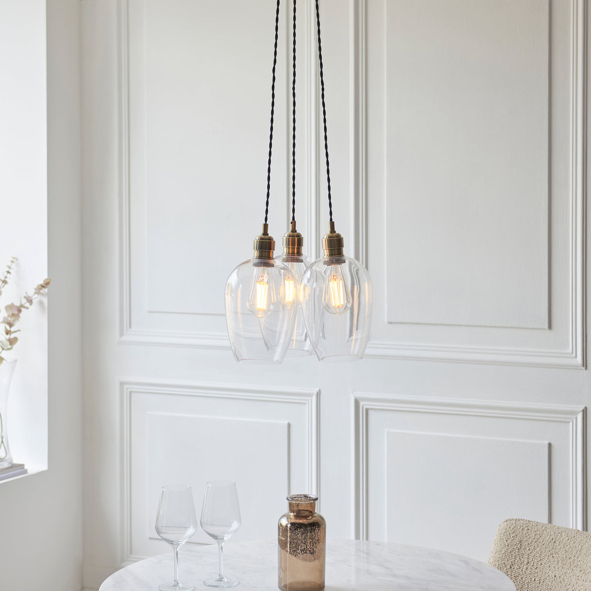 Quilbrook Cluster 3 Light Pendant - Antique Brass Clear