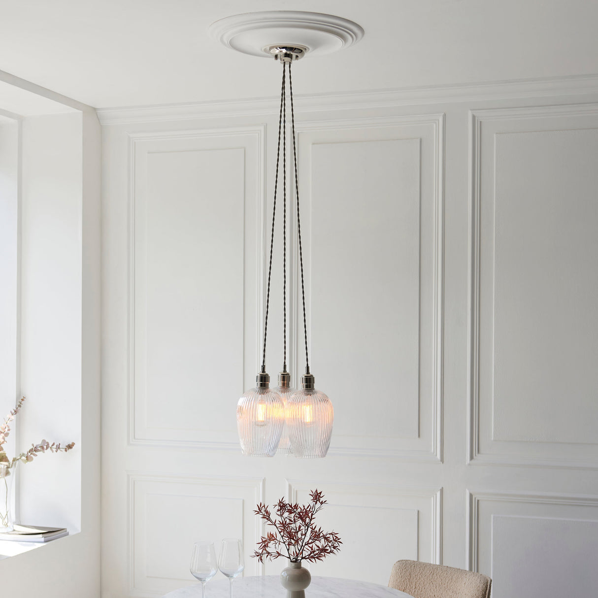 Fennhollow Ribbed Cluster 3 Light Pendant - Bright Nickel Clear